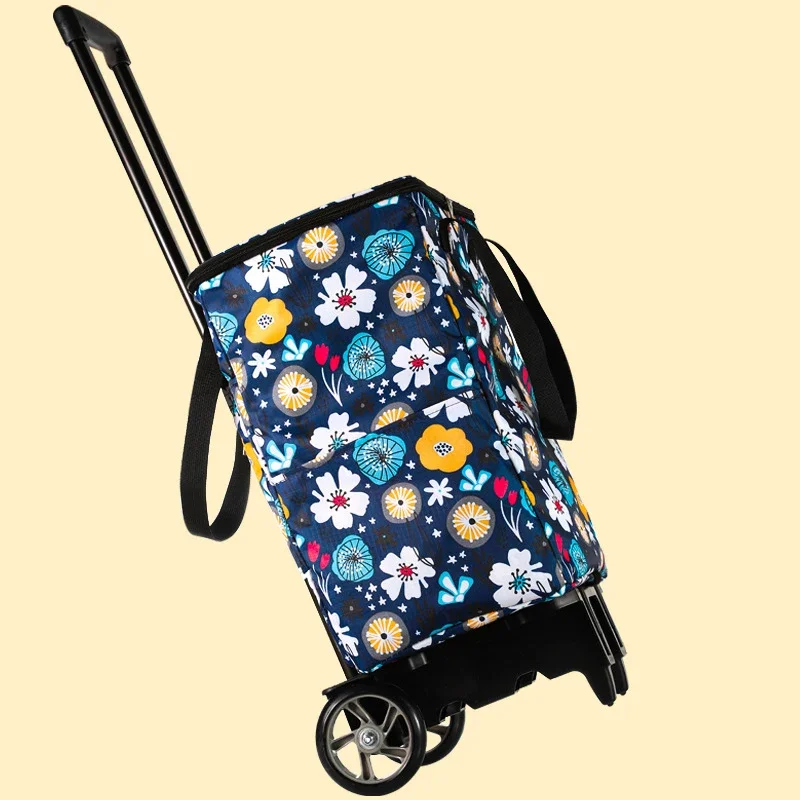 Portable Folding Trolley Cart Grocery Shopping Cart with Wheels Double Insulated Storage Bag Waterproof Small Trolley