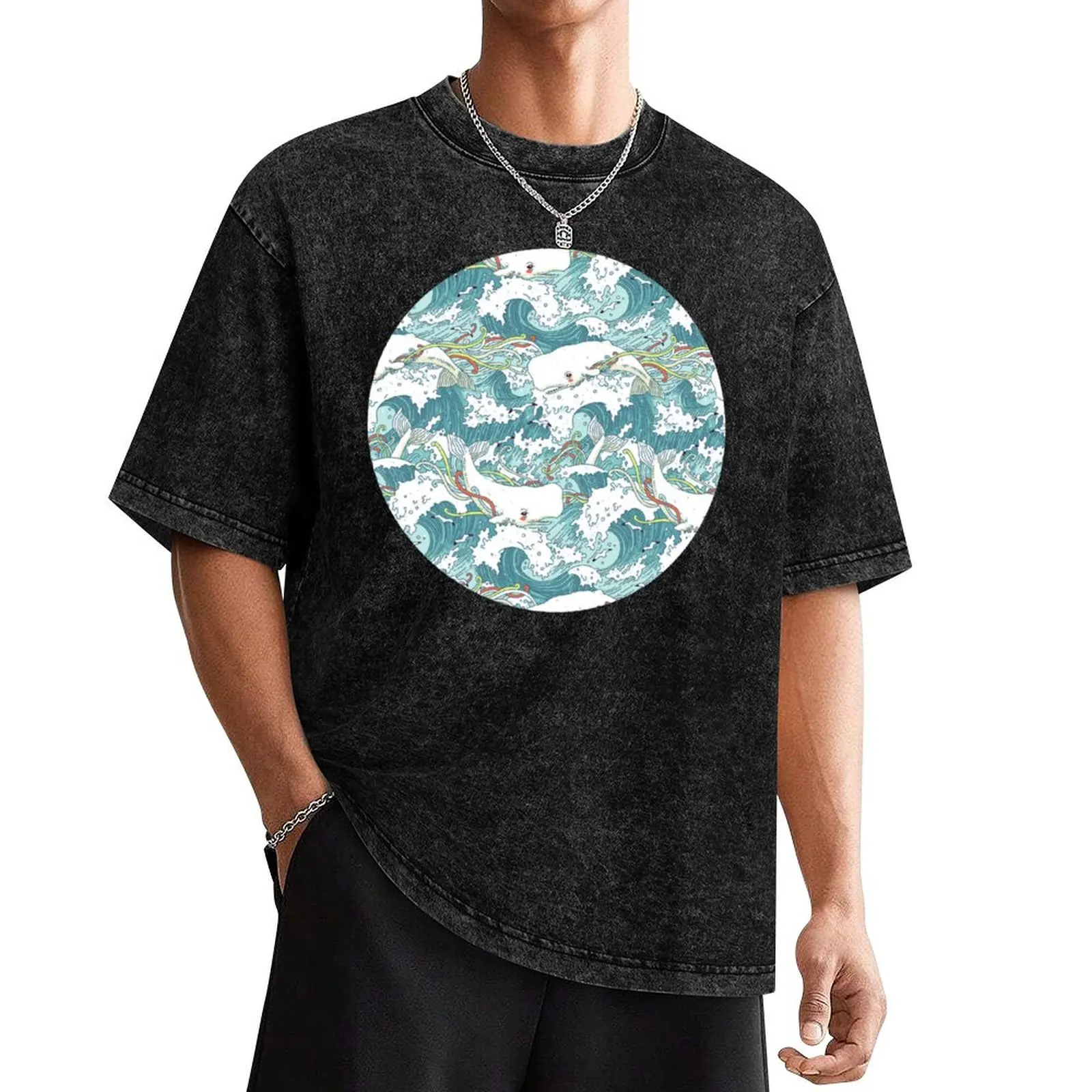

Whales and Waves Pattern T-Shirt anime tshirt graphics t shirts for men cotton