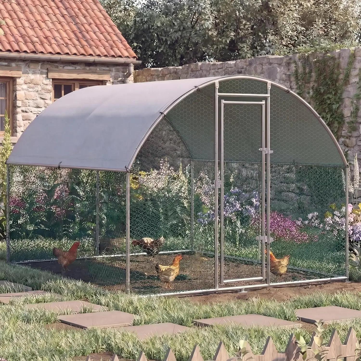 

Large Metal Chicken Coop, Pen Run with Waterproof Cover, Cage with Locked Door, Iron Mesh, Outdoor Duck