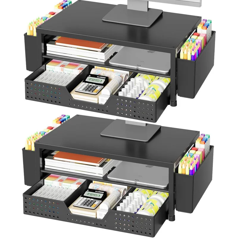 

Подставка для монитора с 2 ярусами, выдвижным ящиком и 2 держателями для ручек, органайзер для рабочего стола, подставка для ноутбука для офисных принадлежностей и домашнего офиса