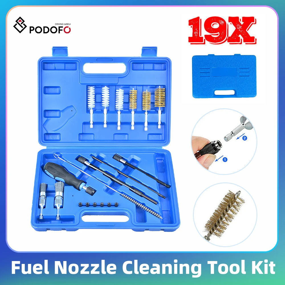 Podofo 19pcs Fuel Nozzle Cleaning Tool Kit Car Clean Kit Auto Repair Tool For Cleaning Nozzle Base Automotive Clean Accessories