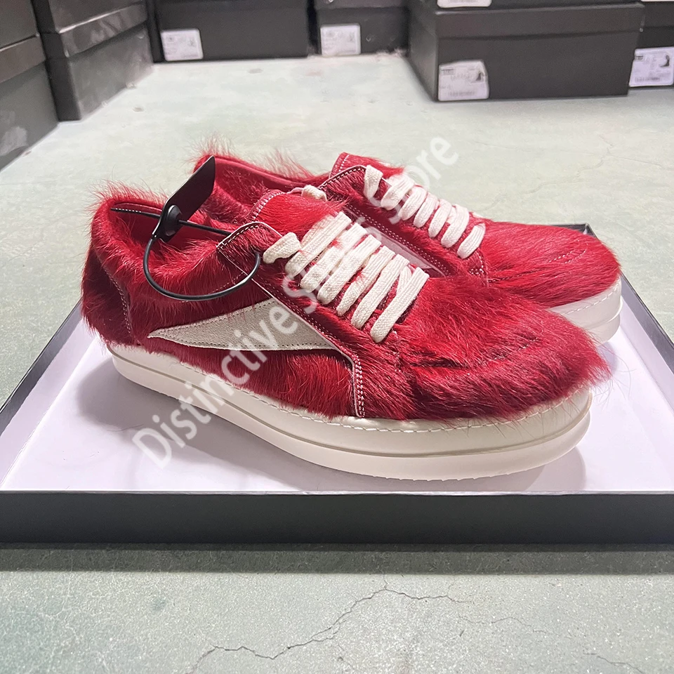 

Women Red Pink Black Horsehair Fur Sneakers Flat Casual Shoes 2026 New Fashion Lace Up Platform Shoes Retro Fur Men Board Shoes