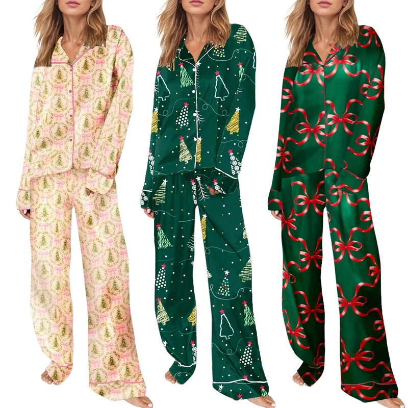 Women Cute Christmas Pajamas Sets Bow Santa Print Long Sleeve Shirt Pants 2 Piece Pj Set Pajama Festival Rave Party Loungewear