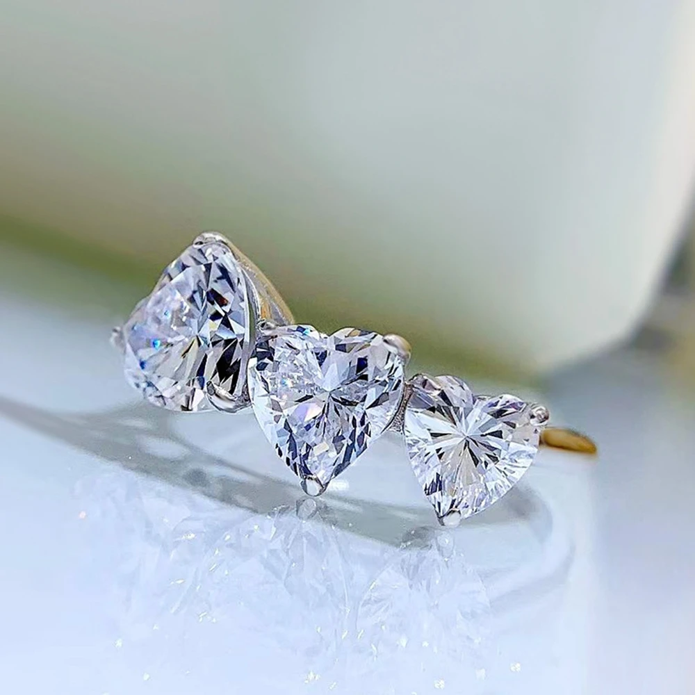 IsRabbit18K Gold Plated Heart Cut Lab Grown Three Heart-Shaped Gem Diamond Wedding Women Ring 925 Sterling Silver Luxury Jewelry