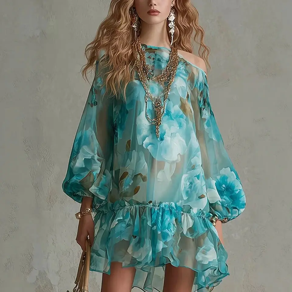 

Vacation Style Vestidos Floral Off Shoulder Dress Sexy Sweet Vestido Fairy Mini Loose Dresses Summer New Long Sleeve Ropa mujer