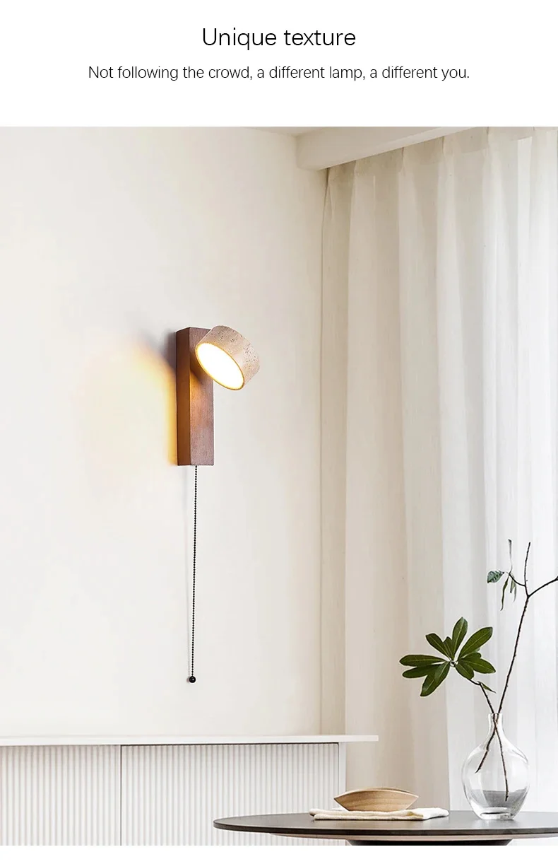 Wandleuchte im Wabi Sabi-Stil, natürlicher gelber Travertinstein, drehbar, mit Zugkettenschalter, LED-Nussbaumholz-Dekorleuchte für Schlafzimmer – Detail 6