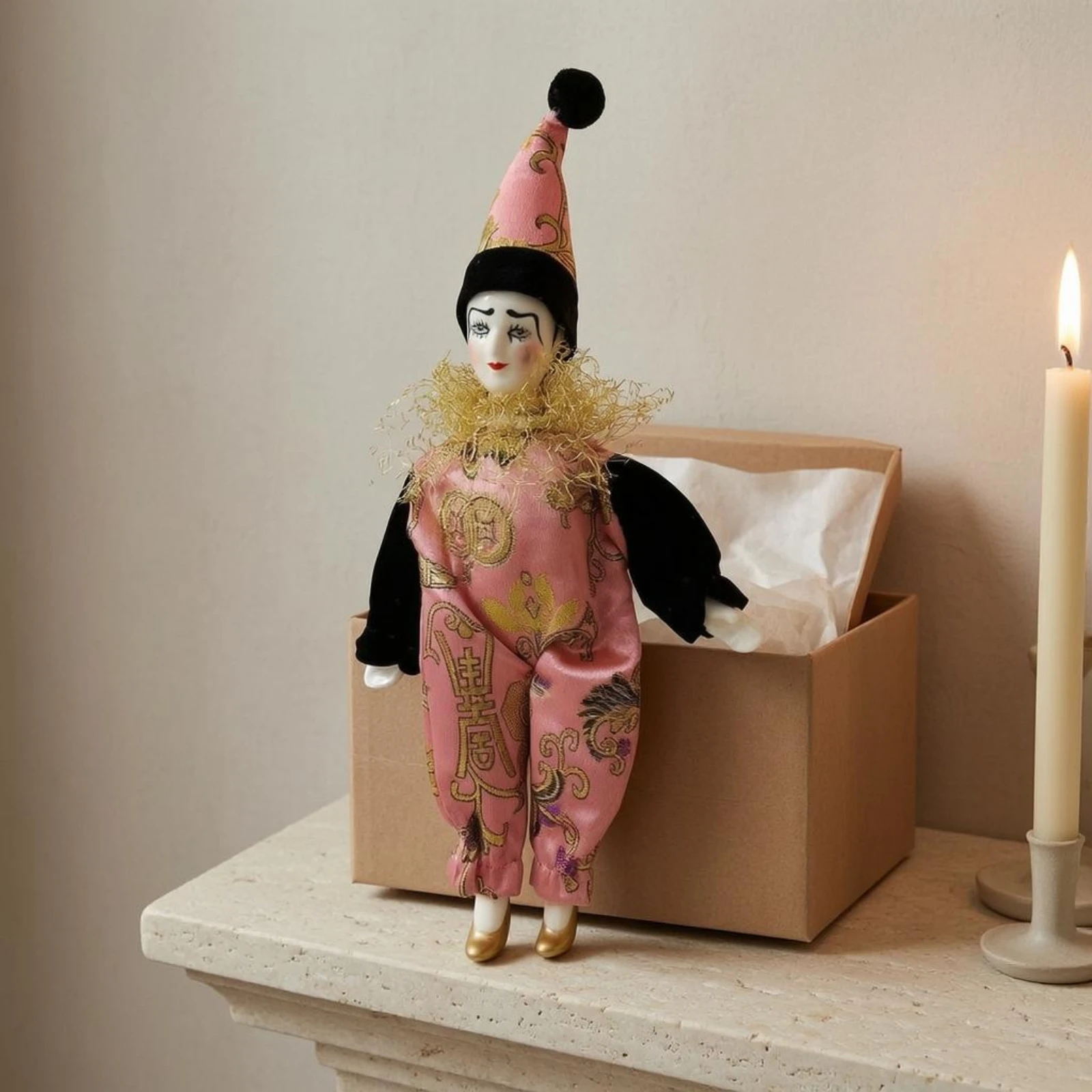 Stuffed Doll with Pointed Hat Gold Shoes Ornate Doll with Ruffled Collar view 5