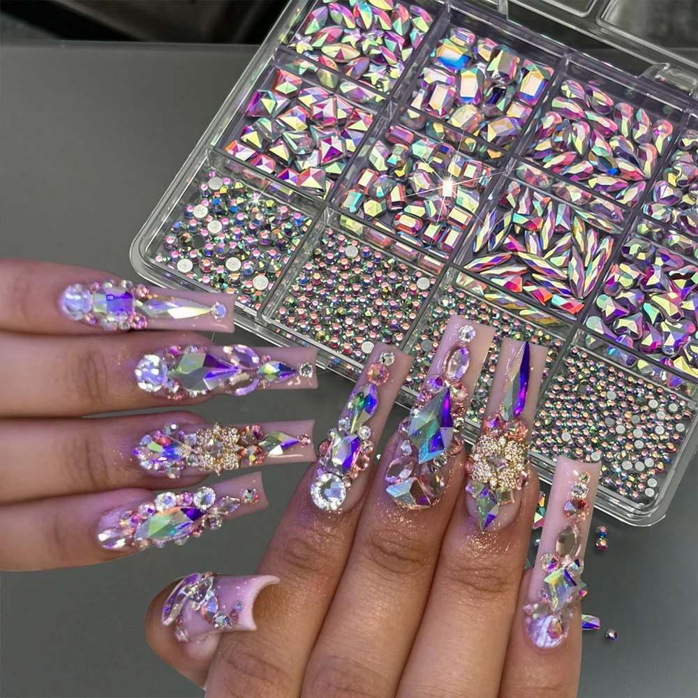 

12Grids Shimmering AB Crystal Glass Nail Rhinestones 3D Mixed Shape(Star/Love/Square/Waterdrop) Nail Gemstone DIY Manicure Decor
