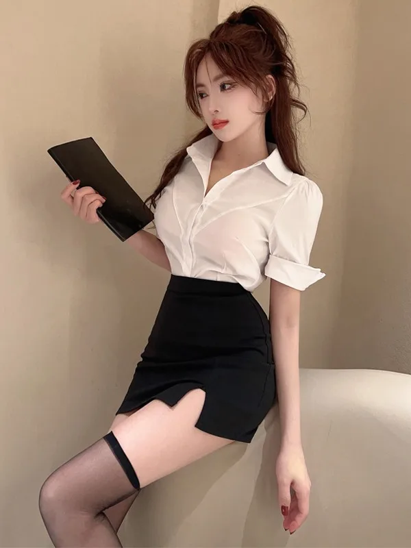 

Summer Profional ort Sve V-Ne Sexy Tight White irt And Wrap вокруг юбки Work orm Комплект из двух предметов для женщин
