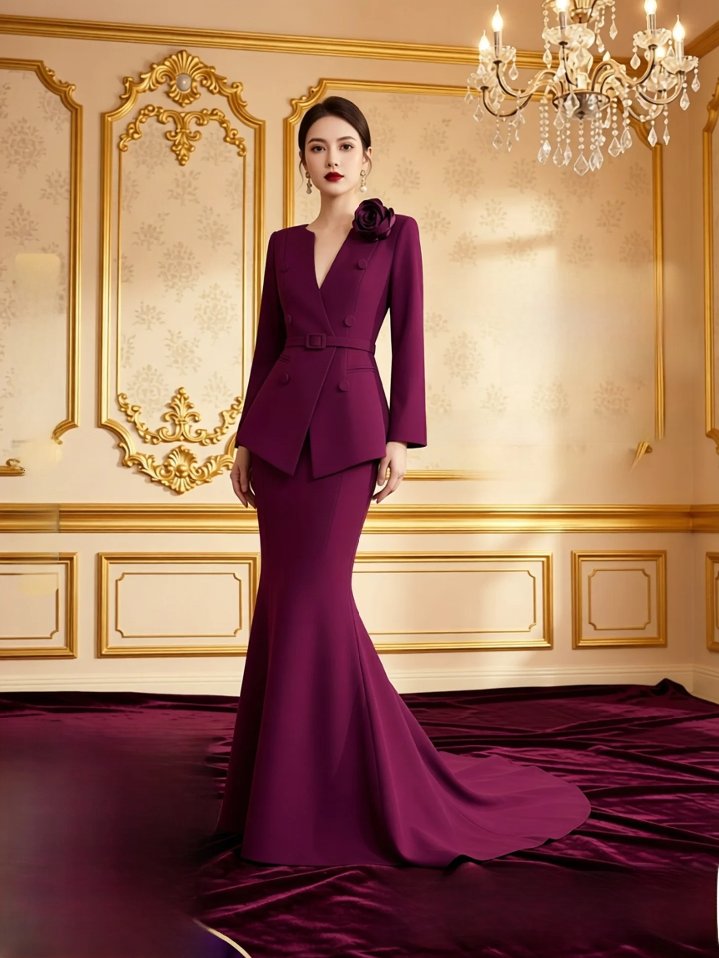 

Комплект из трех предметов: цветочный жакет, длинная юбка-рыбий хвост и топ. Женский модный осенне-зимний комплект с эффектом стройности, подчеркивающий талию, в стиле «Богиня».