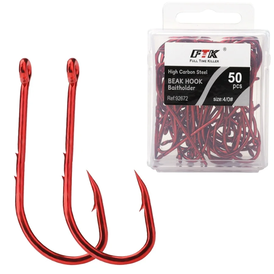 50-100pcs High Carbon Steel Baitholder Fishing Hooks Red 4/0#-10# Beak Barbed Long Shank Jig Worm Hooks Accessories