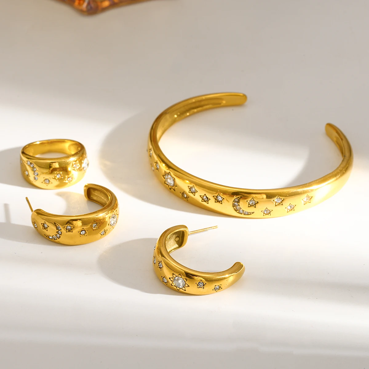 

Stainless Steel Jewelry Set For Women Pentagram Moon Zircon Bracelet Earrings Ring Fashion Accessories Party Mom Festival Gifts