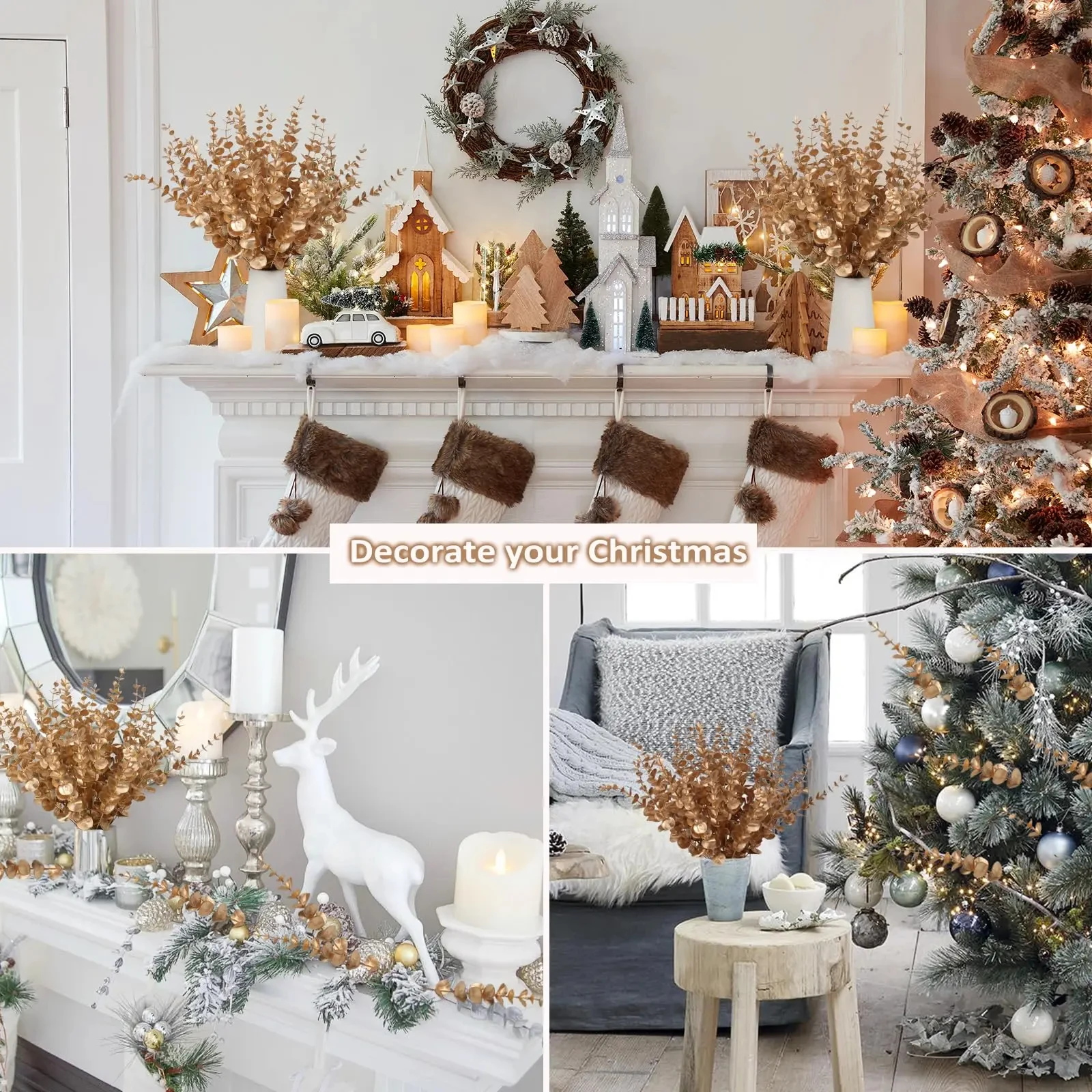 10/20PCS Artificial Eucalyptus Stems Gold Leaves Fake Flowers for Floral Arrangement Wedding Bouquets Thanksging Xmas Decoration
