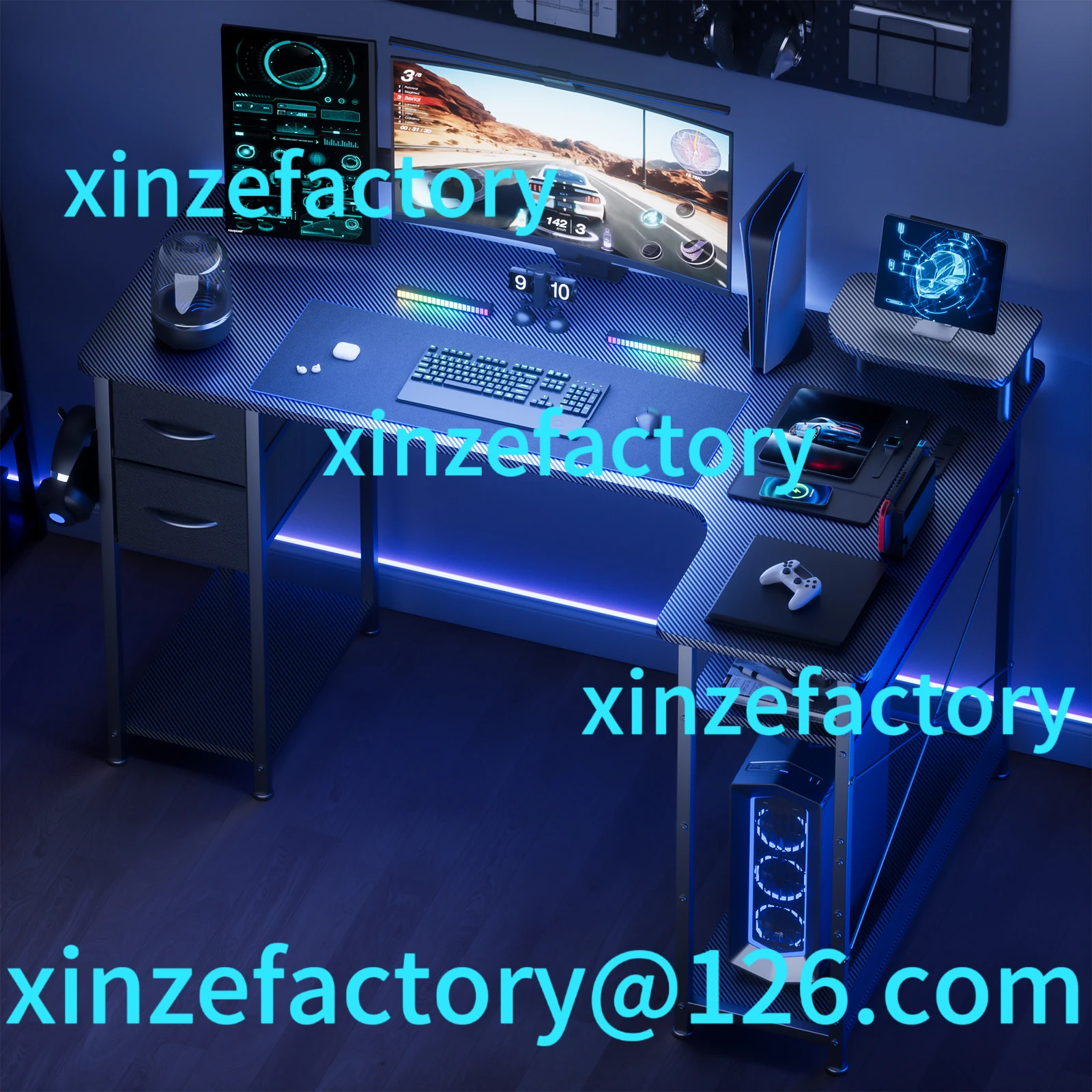 

Customizable L-Shape Gaming Desk with Drawers, Carbon Fiber Computer Monitor Arm, for Home Office