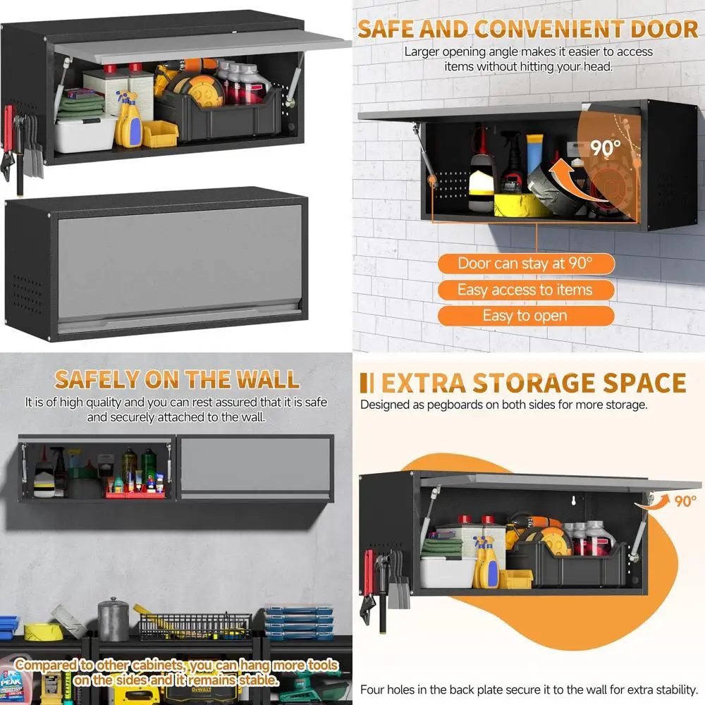 

Металлический настенный шкаф с откидной дверцей и перфорированной панелью, стальное хранилище для кухни, гаража, мастерской - 13.8 высота, черно-серый