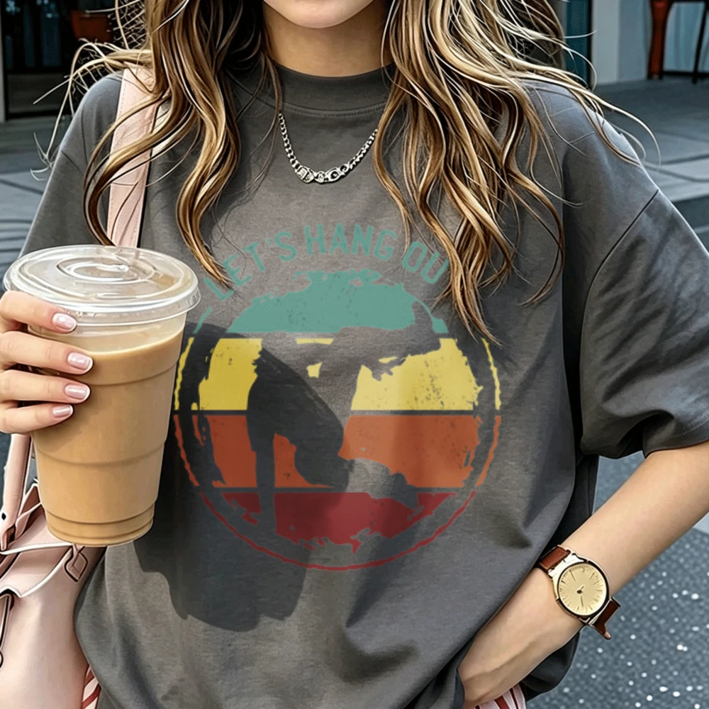 Let's Hang Out Retro Sunset Wakeboard Silhouette Graphic Cotton T‑Shirt Vintage Water Sports Print O‑Neck Casual Streetwear Tops