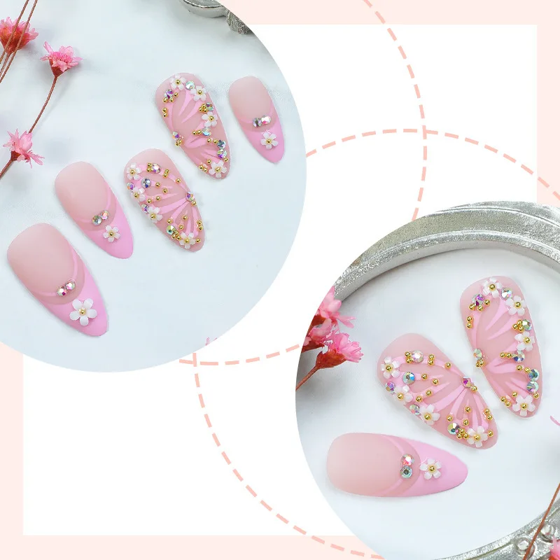 Almond-shaped Handmade Butterfly Wearing Nail Flower French Manicure Press-on Nails Pink Patch Finished Sticker