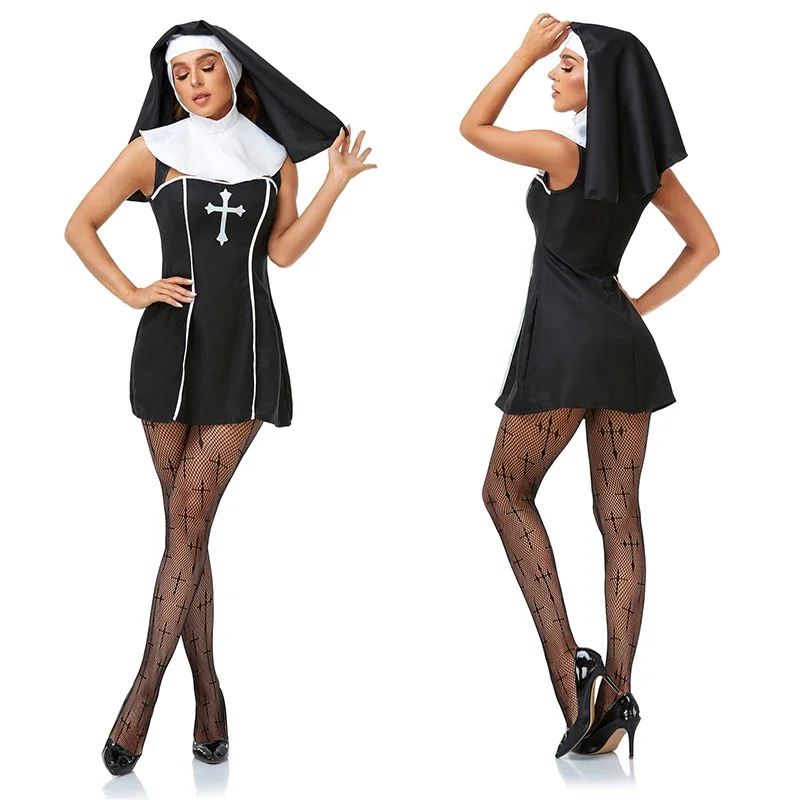 Halloween nun costume dress headdress sleepveless short dress cosplay costume vampire clothing printed crucifix cos stage outfit