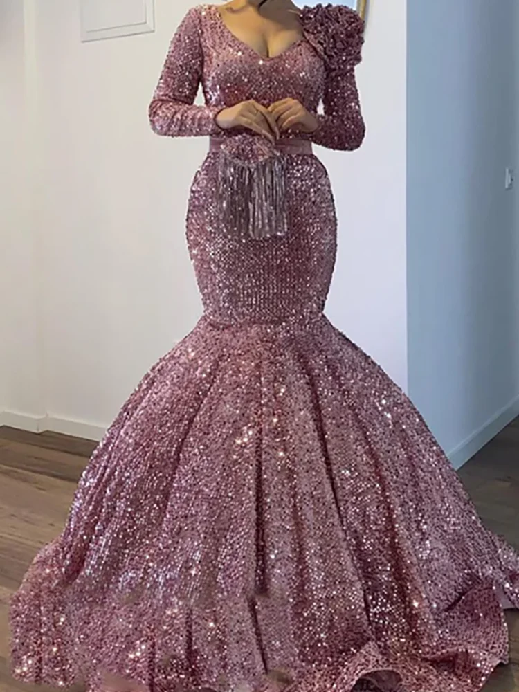 

Роскошные овальные воротники с блестками и бусинами с длинными рукавами и складками Русалка Вечерние платья для дня рождения и выпускного вечера по индивидуальному заказу