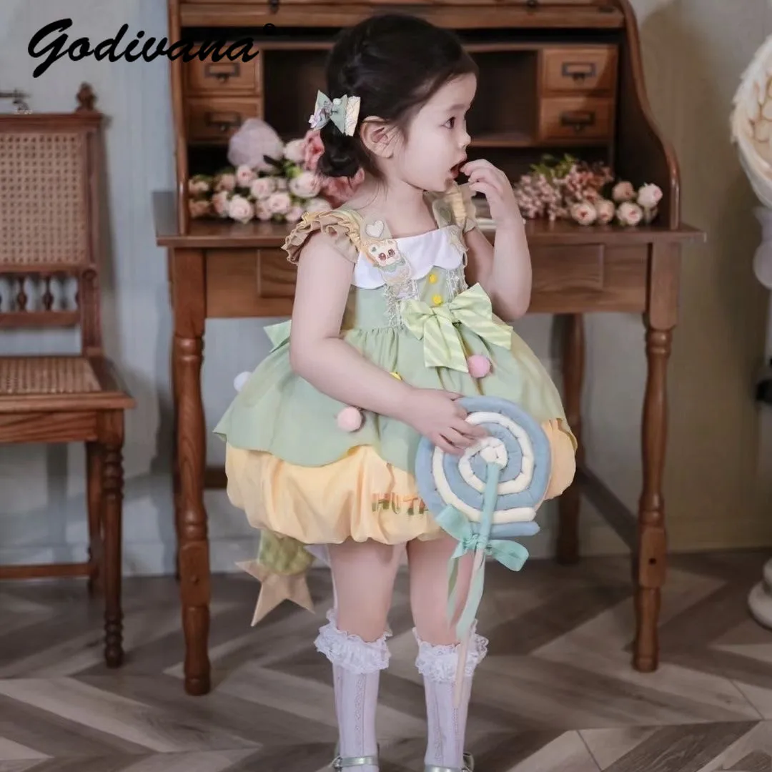 

Sweet Baby Girls Lolita Princess Slip Dress New 2026 Summer Fashion Cute Bow Ruffle Bubble Dresses Kids Birthday Party Ball Gown