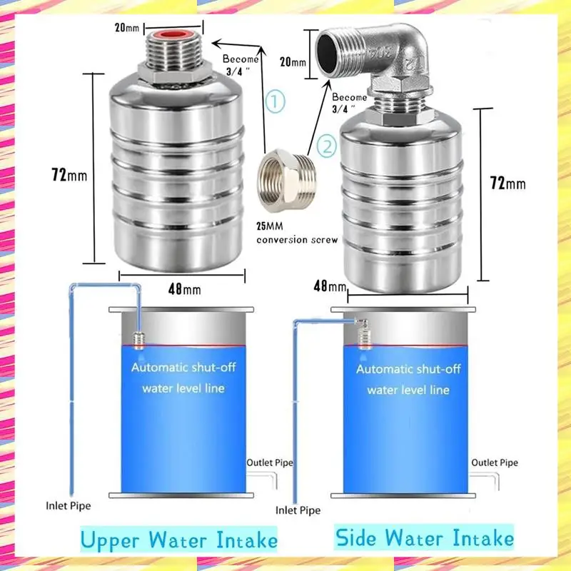 ABJJ 2 Pack 1/2Inch 3/4Inch Auto Fill Shut Off Water Tank Float Valve, 304 Stainless Steel Water Level Control Valve
