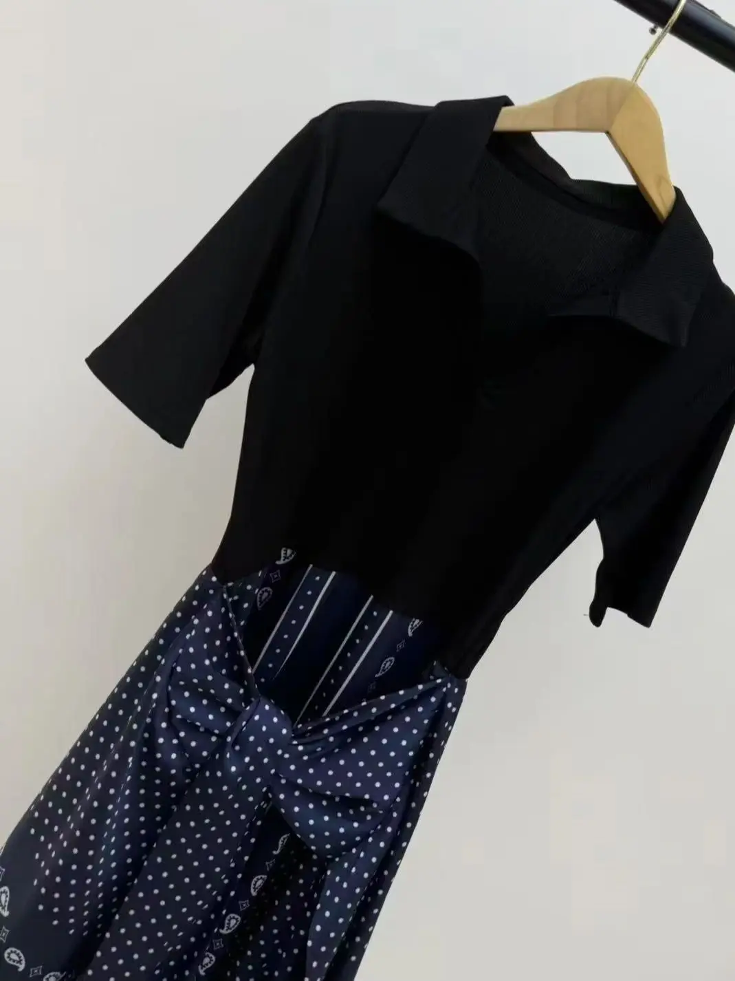 

Spring/Summer Women Turn-down Collar Short Sleeve Spliced Dot Print Dress Hign Waist Tie Loose Fashion Casual Maxi Skirt