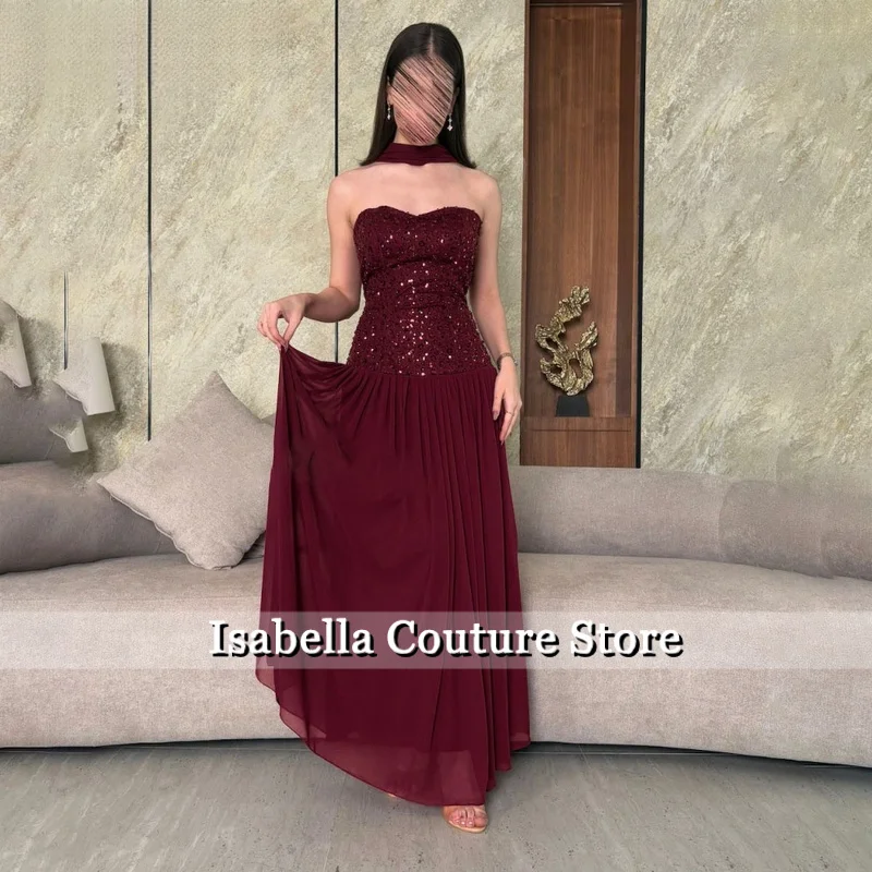 Borgonha vestido de festa lantejoulas querida vestidos de noite plissados vestido de noite sem mangas com lenço personalizado