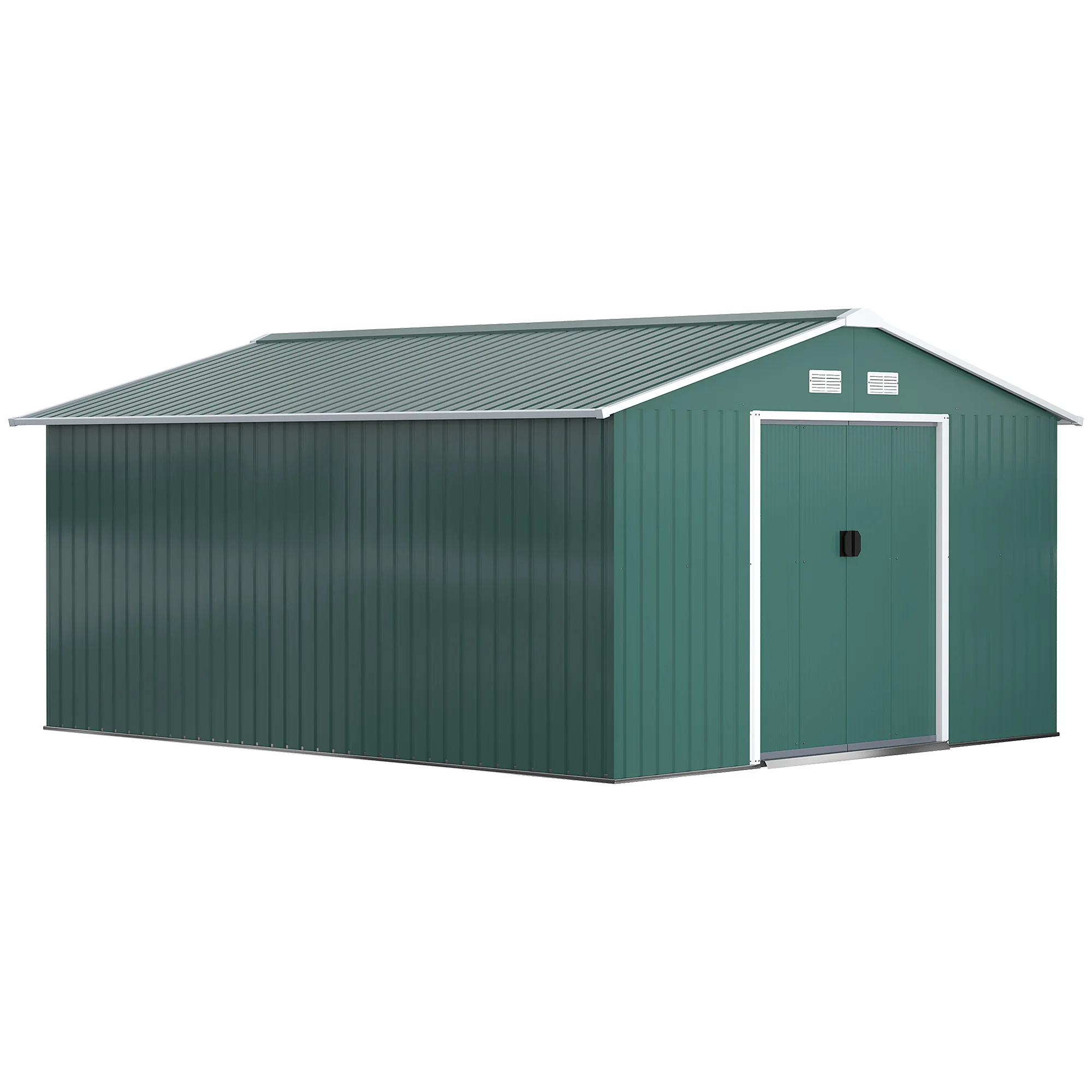 Caseta de Jardín con 2 Puertas Corredizas y 4 Ventiladores de Acero, 340x386x200cm, Verde