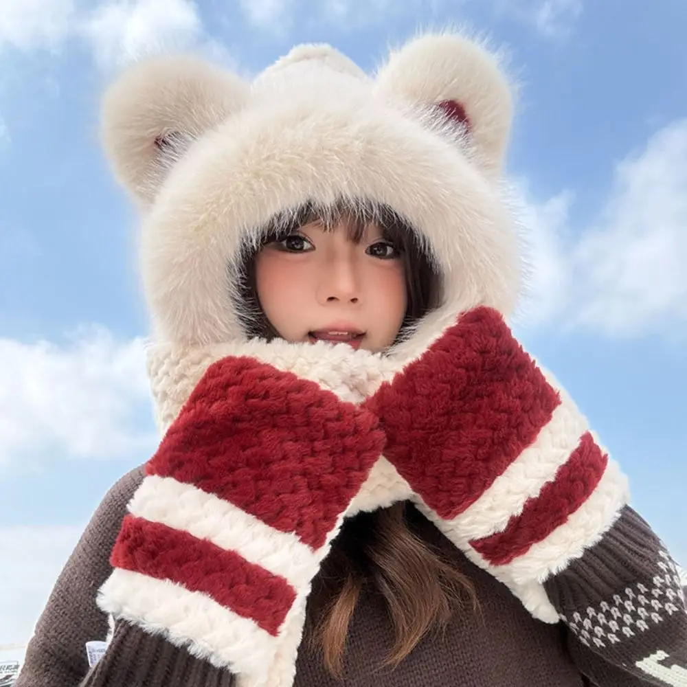 高価値のクマ保護帽子ソフト厚みのあるデザイン一体型キャップ手袋スカーフ甘いプルオーバー耳保護帽子