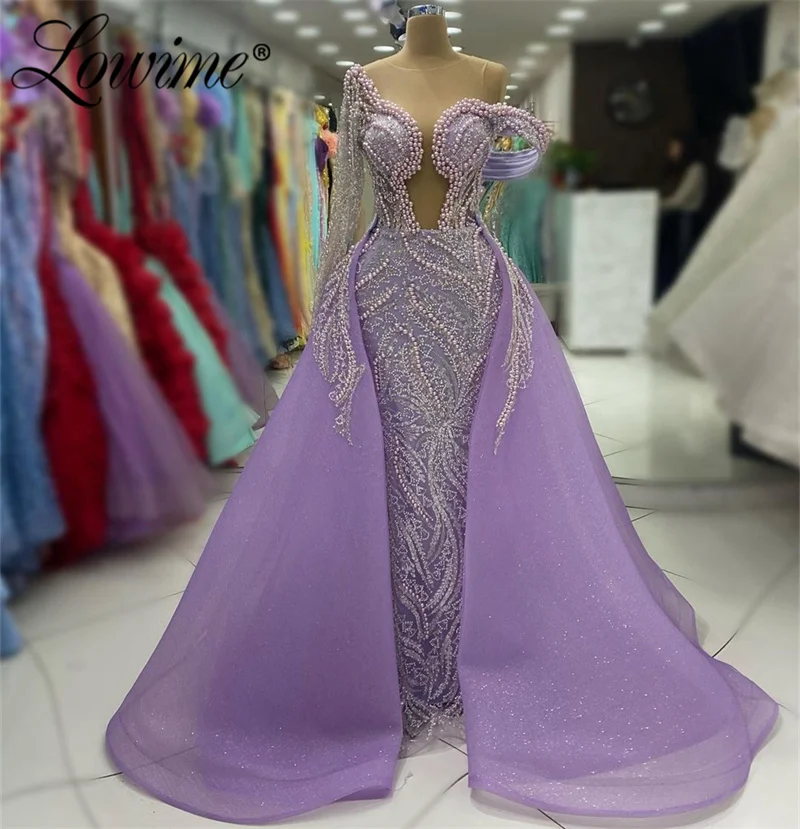 Purple Aso Ebi Beaded Mermaid Prom Dresses 2 In 1 Arabic Long Sleeves Evening Dress With Overskirt 2024 Woman Engagement Gowns