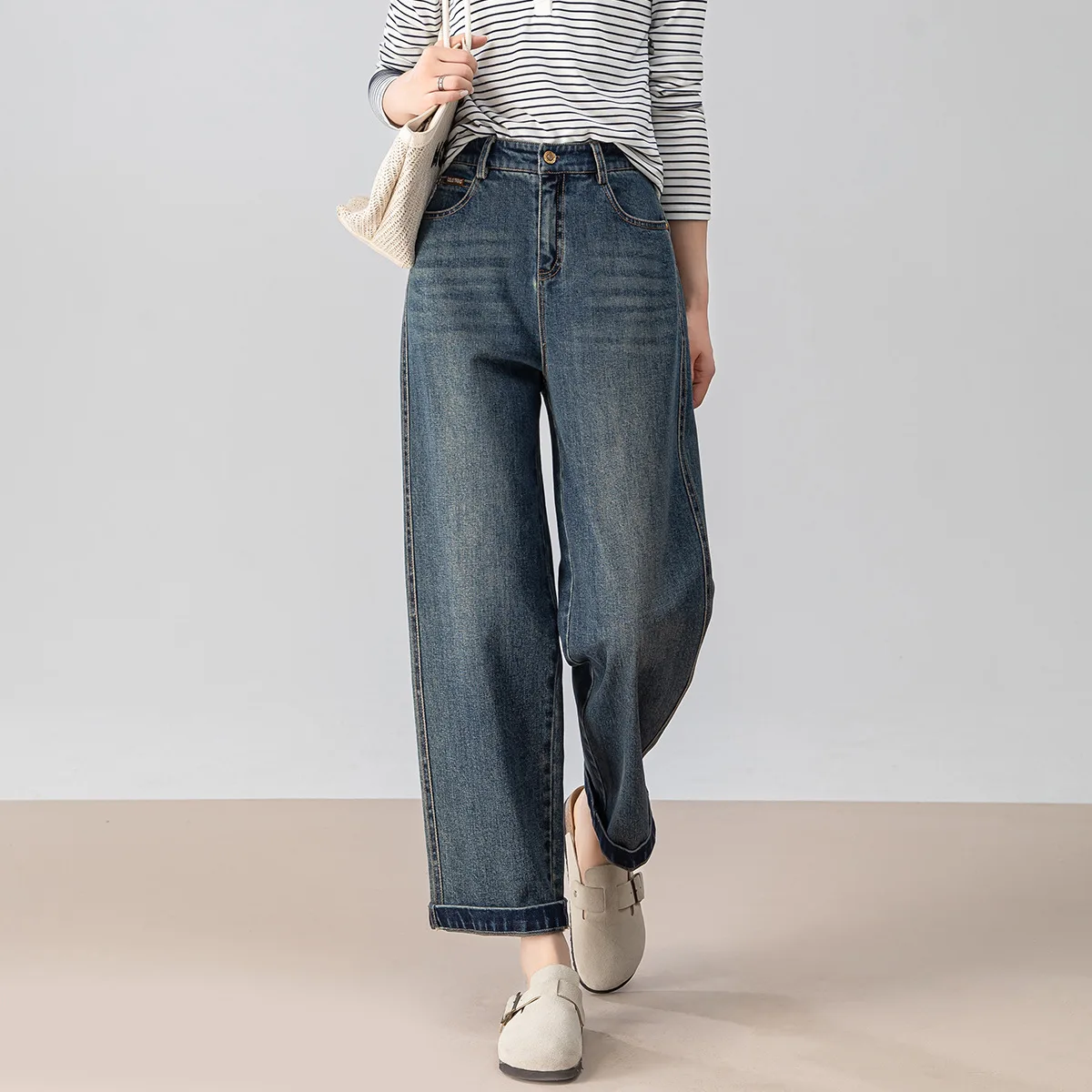 

Женские однотонные повседневные модные свободные прямые простые джинсовые брюки до щиколотки с высокой талией, женские джинсовые брюки с высокой талией