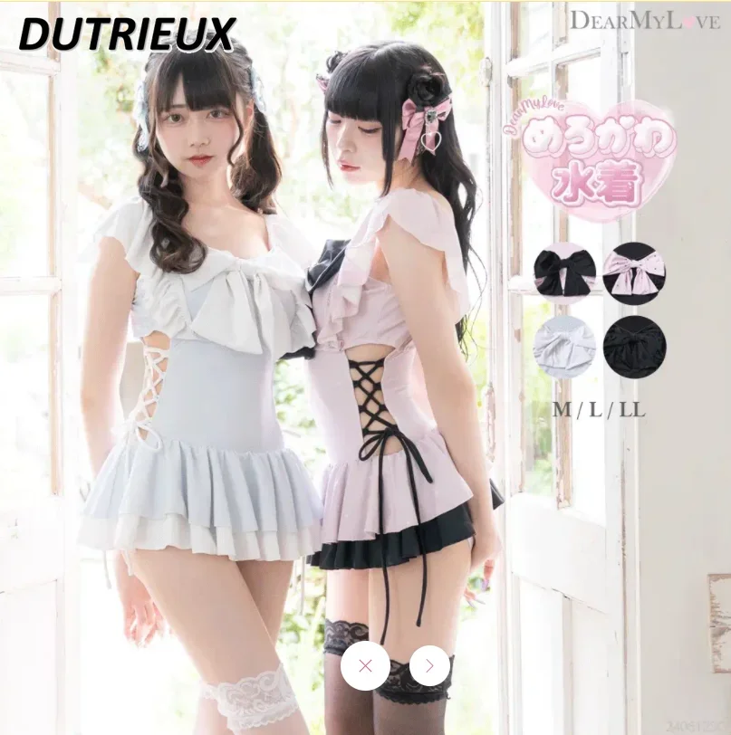 

Japanese Style Sweet One-Piece Swimsuit Fashion Ruffles Lace Up Bikinis Set Slimming Swimsuits Big Bow Flying Sleeve Swimwears