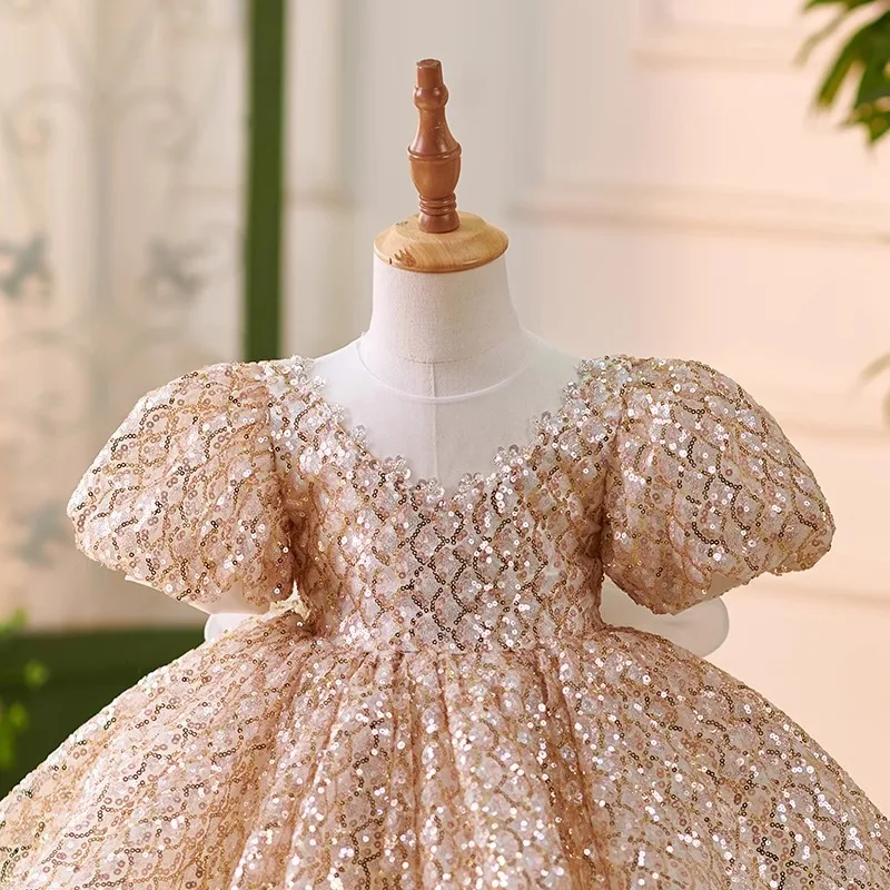 New luxury Birthday dance Party Dresses for Girls wedding golden sequin Big bow Tutu Fluffy kids baby Tulle Flower Girl Dress