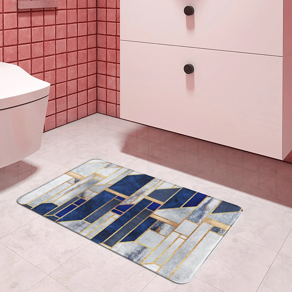 Grey Blue Geometric Pattern Kitchen Entrance Door Mat 40cmx60cm Coral Velvet Carpet Doormat Indoor Floor Mats Anti-Slip Rug