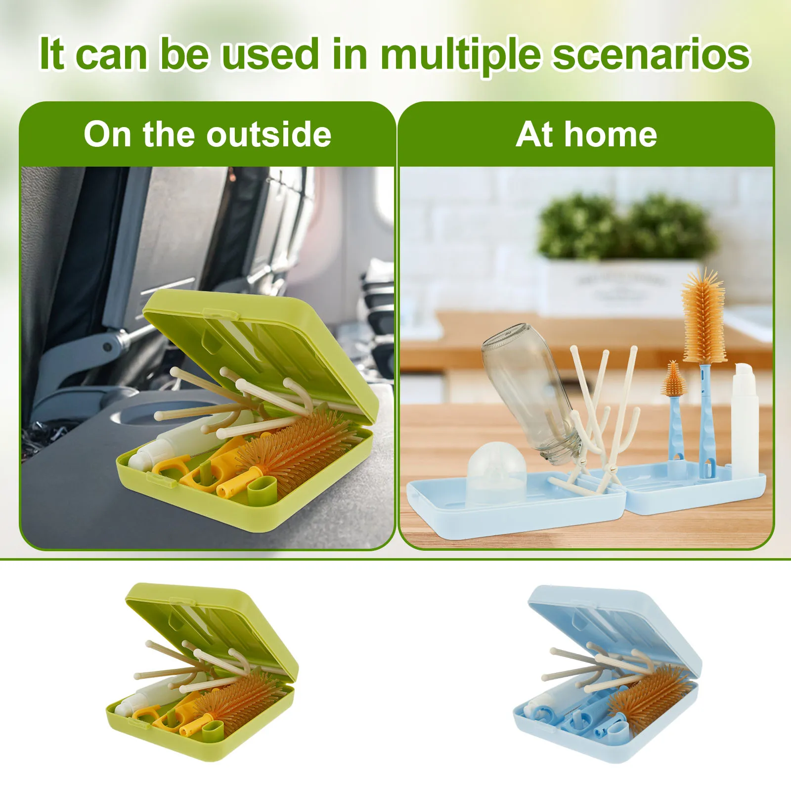 Portable Baby Bottle Brush Set Versatile Bottle Cleaning Tool with Drip Drying Rack Traveling Silicone Bottle Brush Nipple Brush