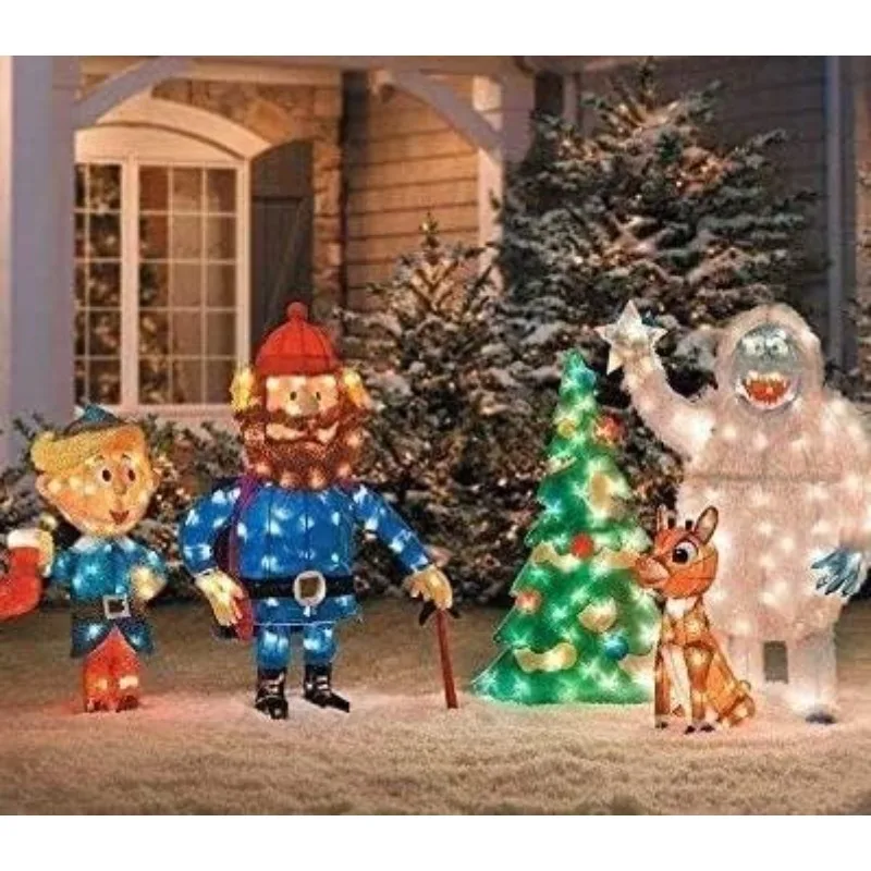 5 pc Pre Lit Rudolph The Red Nosed Reindeer Bumble Tree Hermey and Yukon Cornelius Outdoor Christmas Tinsel Display Yard