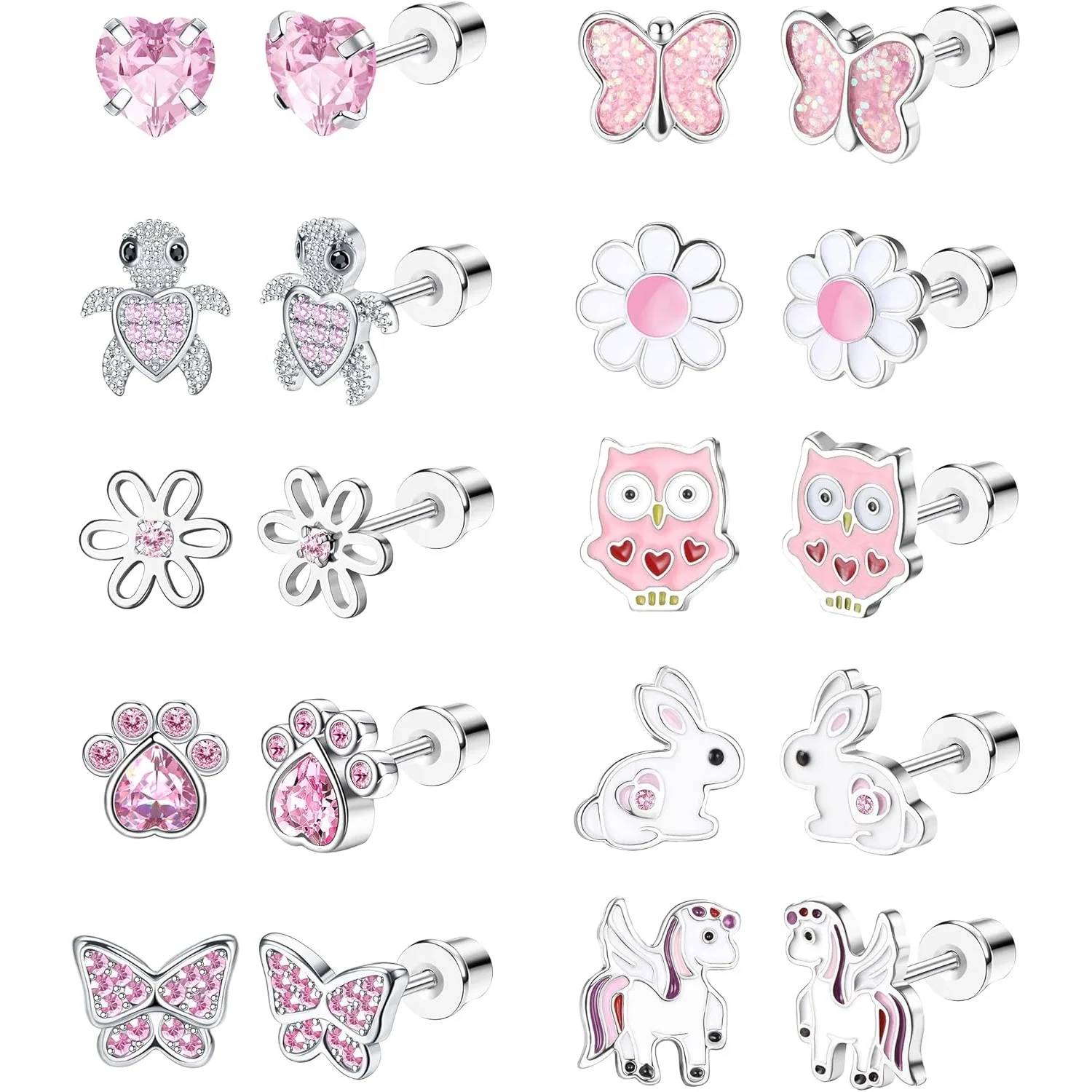 Bobisty 1Pair Cute Screw Back Earrings for Women Stainless Steel Multicolored Heart Flower Butterfly Rainbow CZ Stud Earrings