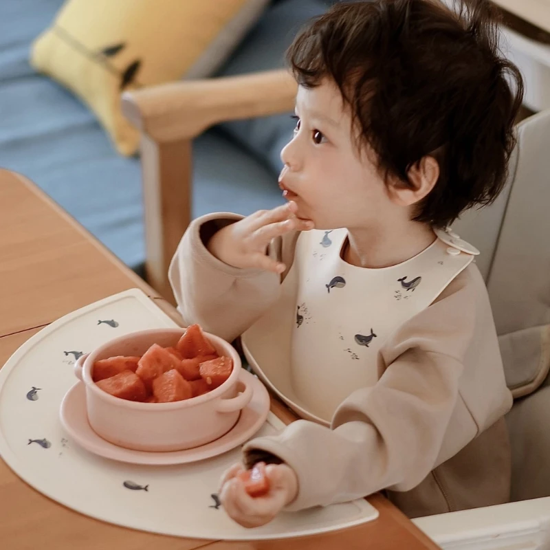 Grade Silicone Baby Kids Bib Placemats Set Soft Non-Slip Silicone Dining Table Mat Pad Rainbow Baby Feeding Bib Tableware