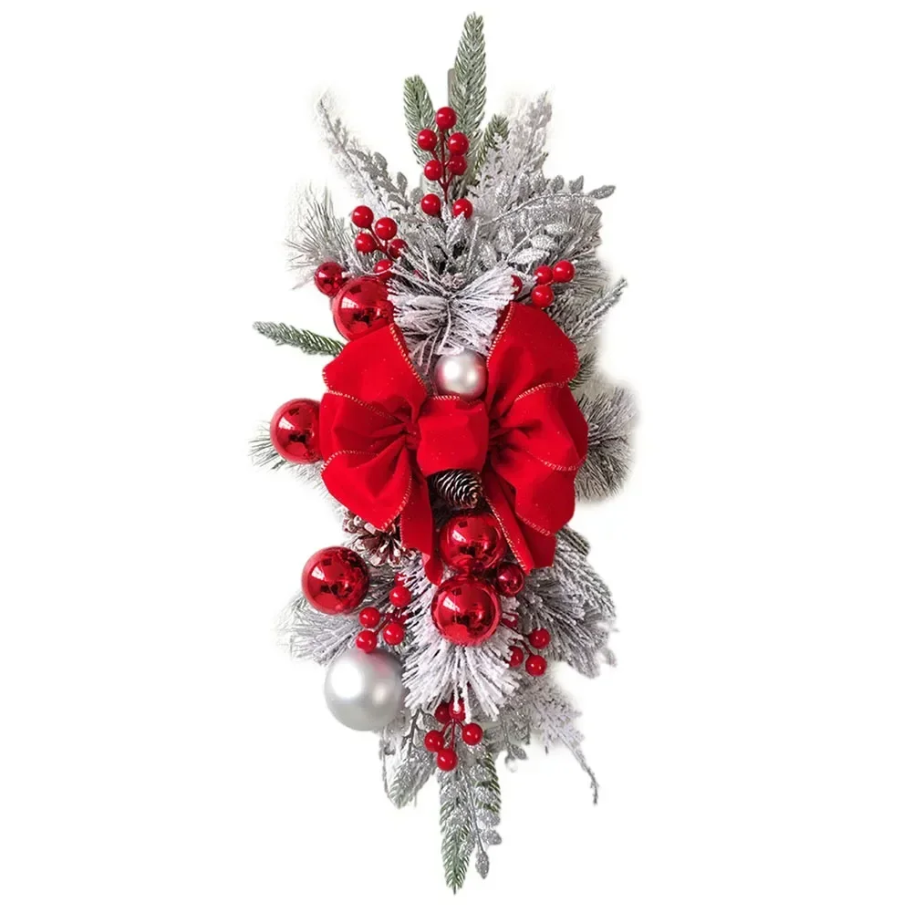 Christmas Stair Bow Hanging Ornament New Year Atmosphere Scene Decoration Xmas Staircase Bowknot Pine Cones Red Berries Decors