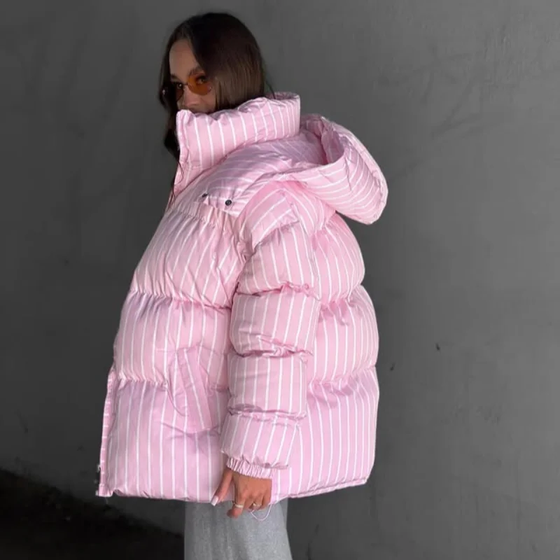 2026 Winter Autumn Stripe Cotton Padded Jacket For Women Warm Long Sleeve Zipper Hooded Coats Lady Street Chic Outdoor Outerwear