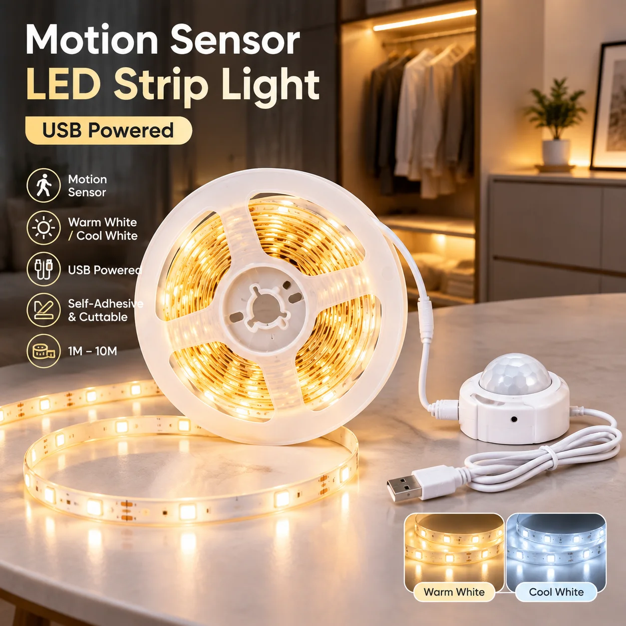 Motion Sensor LED Light Strip, USB Powered, 1-10M, Cuttable Self Adhesive, for Wardrobe Stairs Cabinet, Christmas Gift