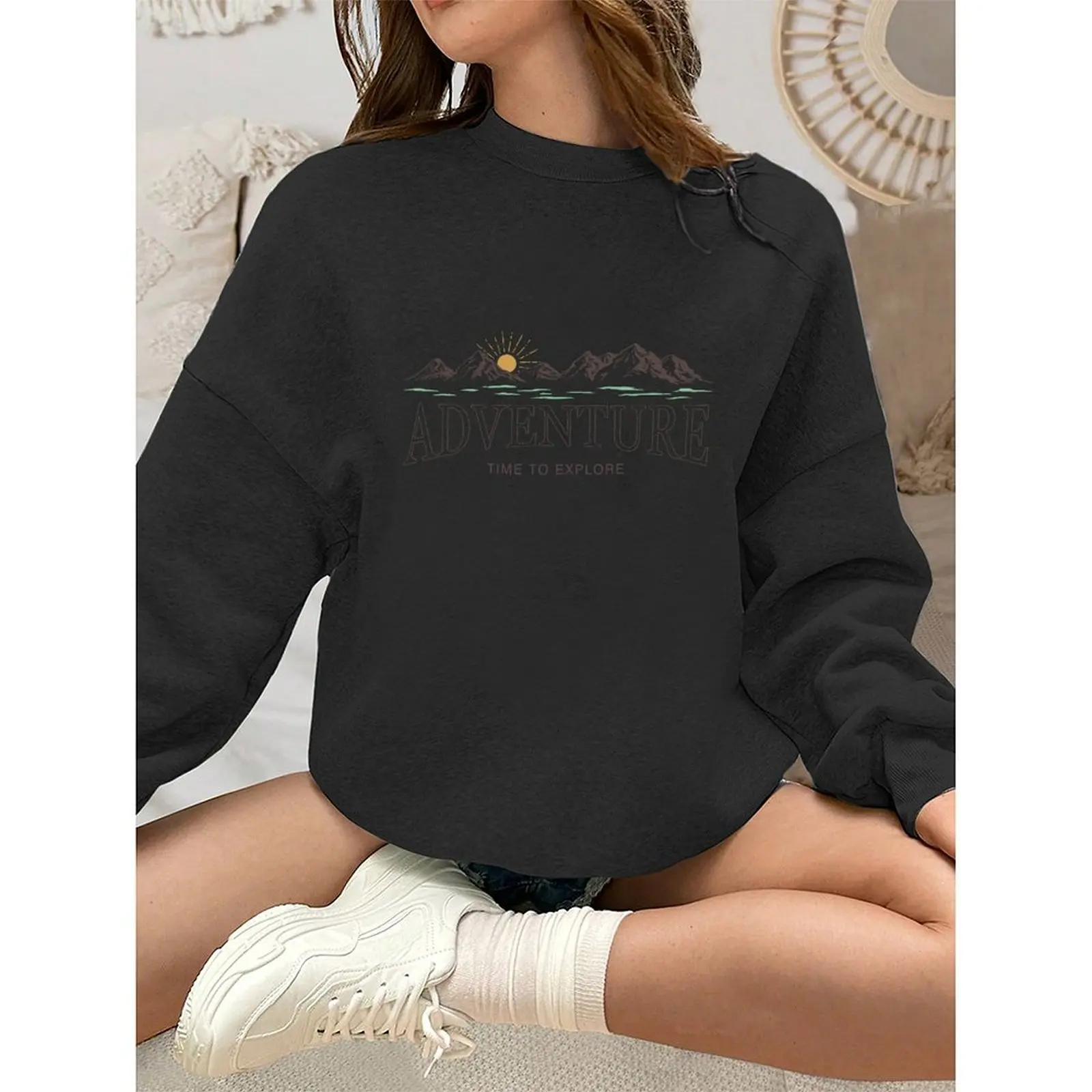 Moletons femininos o-pescoço padrão impresso solto casual esportes pullovers confortável veludo manga longa camisola inverno para mulher