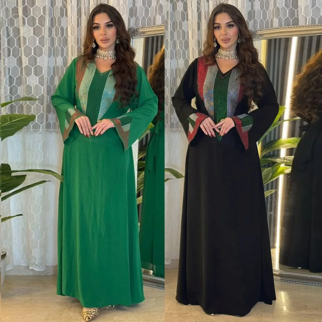 

Women's Plus Size Lady Clothes V-neck Belted Dress 2026 Muslim Long Dress Robe Abaya Ramadan Dubai Luxury Islam Elegant