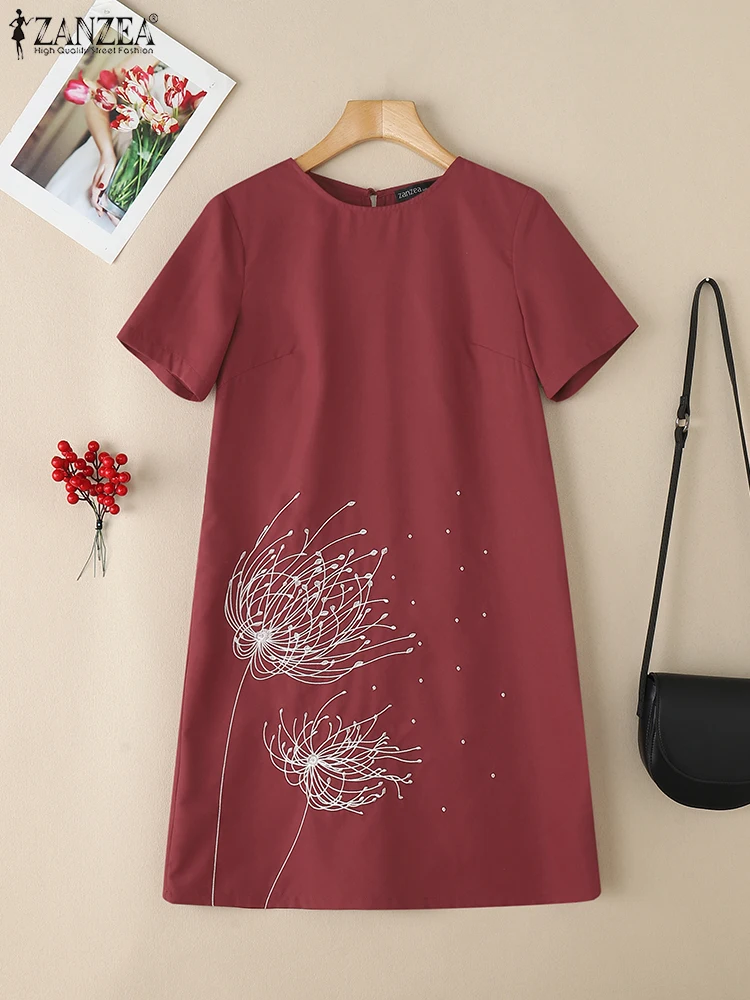 ZANZEA Womens Commuting Solid Vestidos Casual O-Neck Summer Short Sleeve T-Shirt Dresses Embroidered Knee-Length Robes Femme