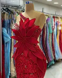 New In Red Sparkle Dubai Mermaid Evening Dresses 2024 Long Sleeveless 3D Leaves Designer Events Prom Gowns for Wedding Party