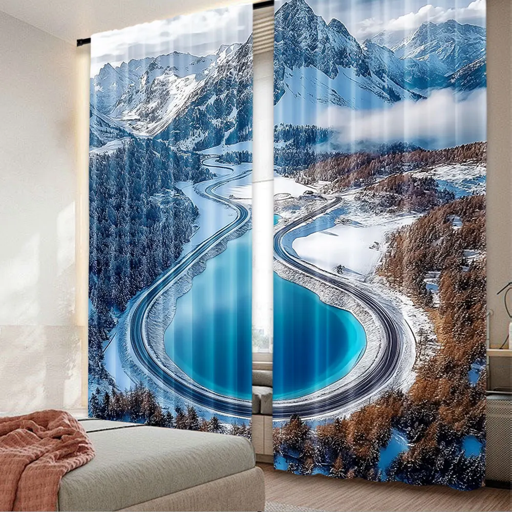 2Pcs Winter Landscape Curtain Snow Mountains Frozen Lake Snowy Pine Forest Highway Clouds Blue Sky Many Other Occasions