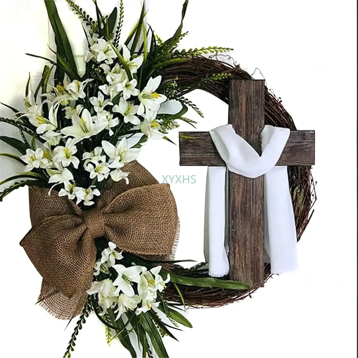 Ghirlanda Pasquale con Croce, Ghirlanda per Porta d'Ingresso Pasquale con Croce 50/40CM - 15/12 pollici, Ghirlanda Pasquale con Croce, Fiocco in Juta, Decorazione da Appendere