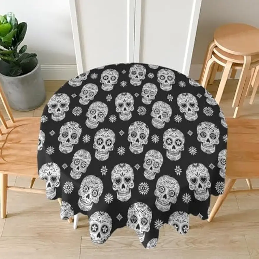 Fabric Round Tablecloth Compatible with Mexican Dead Sugar Skull Head Pattern Halloween Black Table Cover for Restaurant