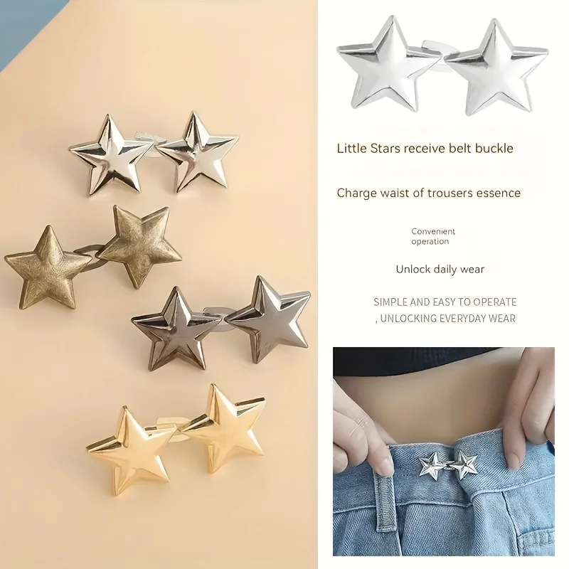 4 Pair Small Star Belt Buckles, Removable No-Pin Jeans Belt Buckles Waist Reduction Tool