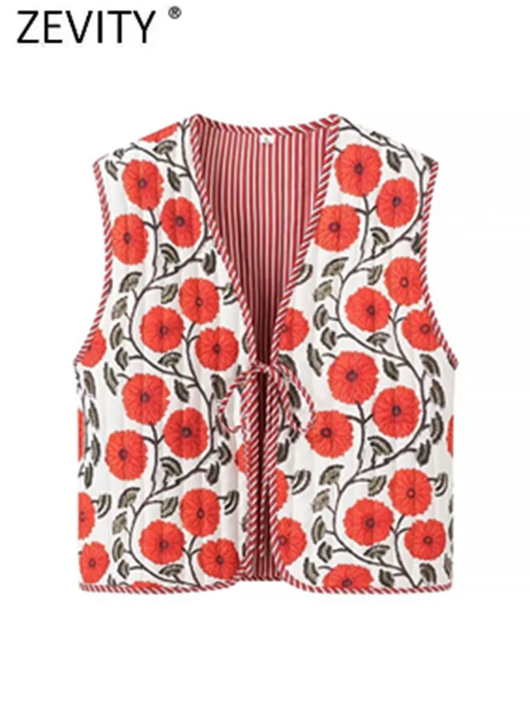 Zevity 2024 Women Y2K V Neck Floral Print Quilted Cotton Vest Jacket Ladies Retro Lace Up Cardigan Slim WaistCoat Tops CT7316